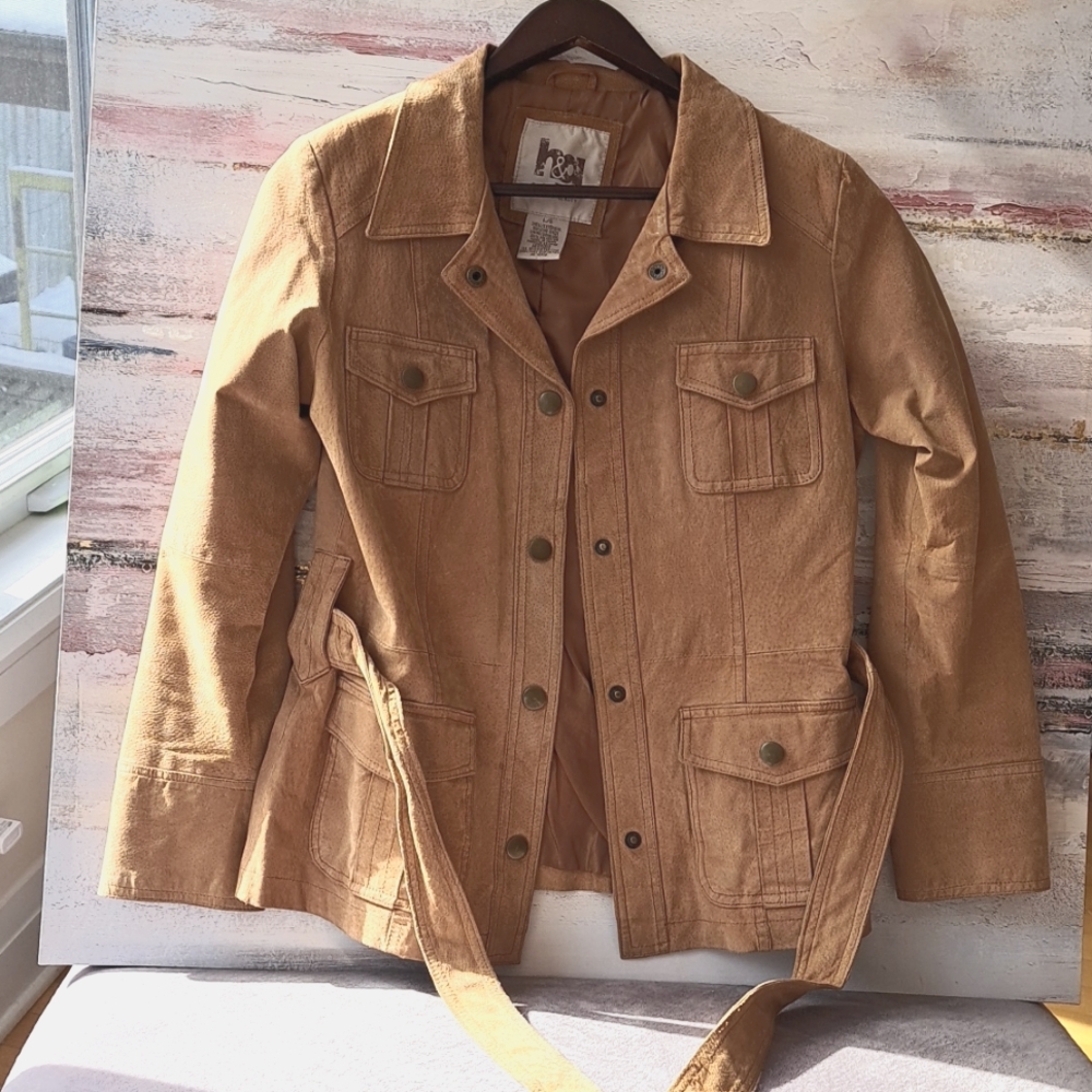 Vintage Camel suede button-up belted blazer